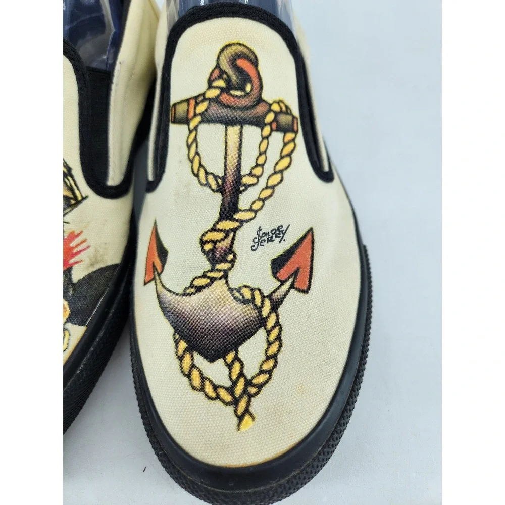 Converse Sailor Jerry Slip On Skidgrip Shoes Mens 10 Cream Tattoo Design Anchor